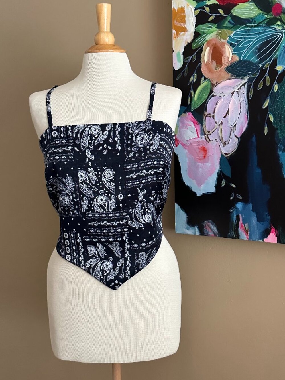 Wearever Navy Paisley Bandana Tie Back Crop Top Large Boho Festival Cami